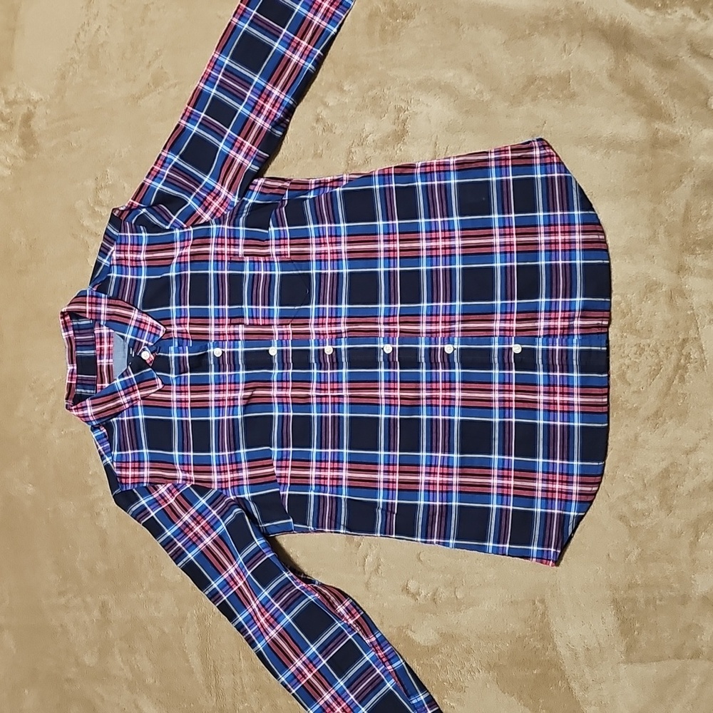 GAP Women's Navy, Blue, Pink and Purple Plaid Button Down Boyfriend Shirt, XS